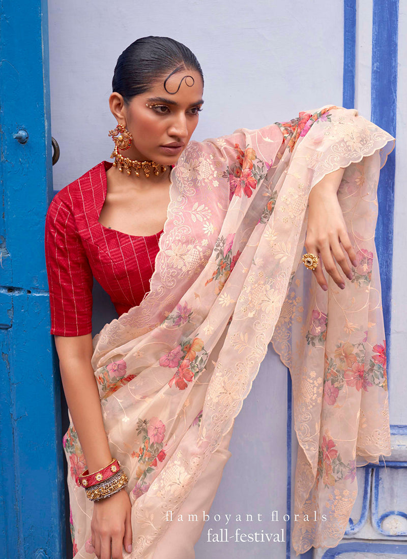 Peach And Red Schiffli Embroidery Floral Silk Saree