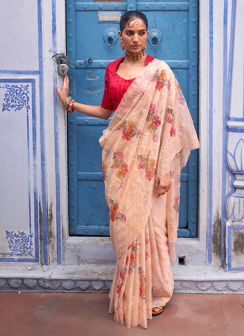 Peach And Red Schiffli Embroidery Floral Silk Saree