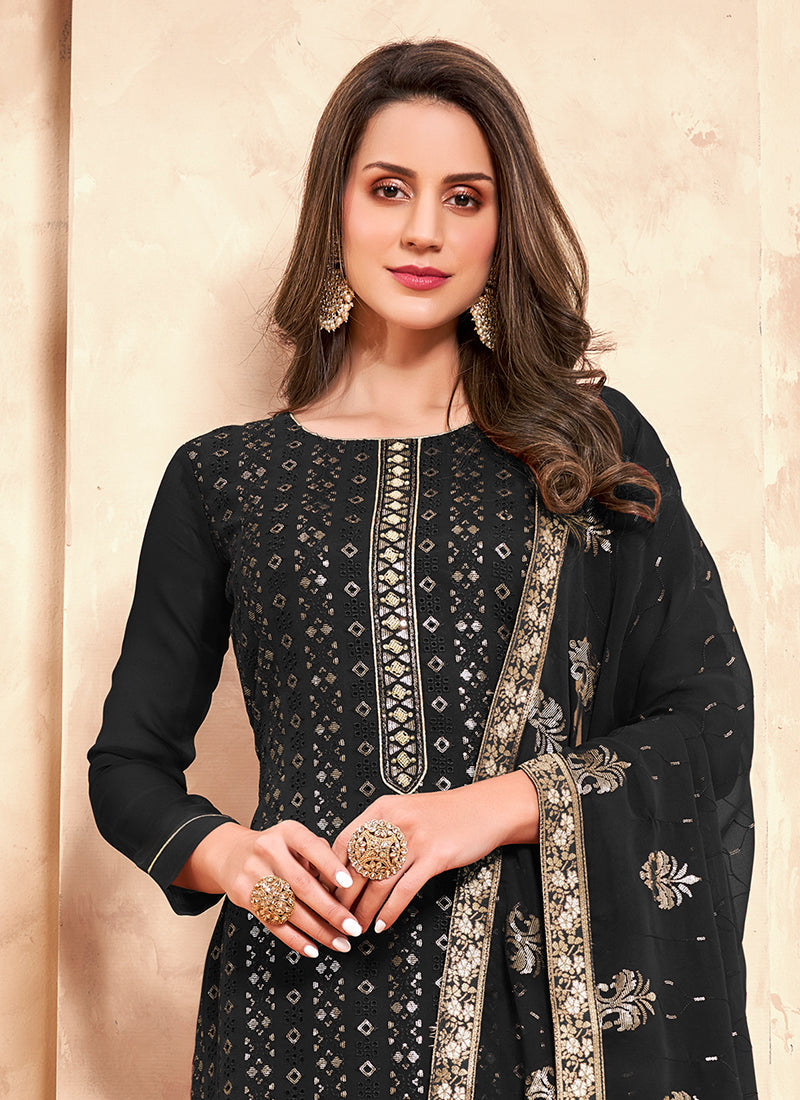 Black Golden Chikankari Embroidered Pant Style Suit