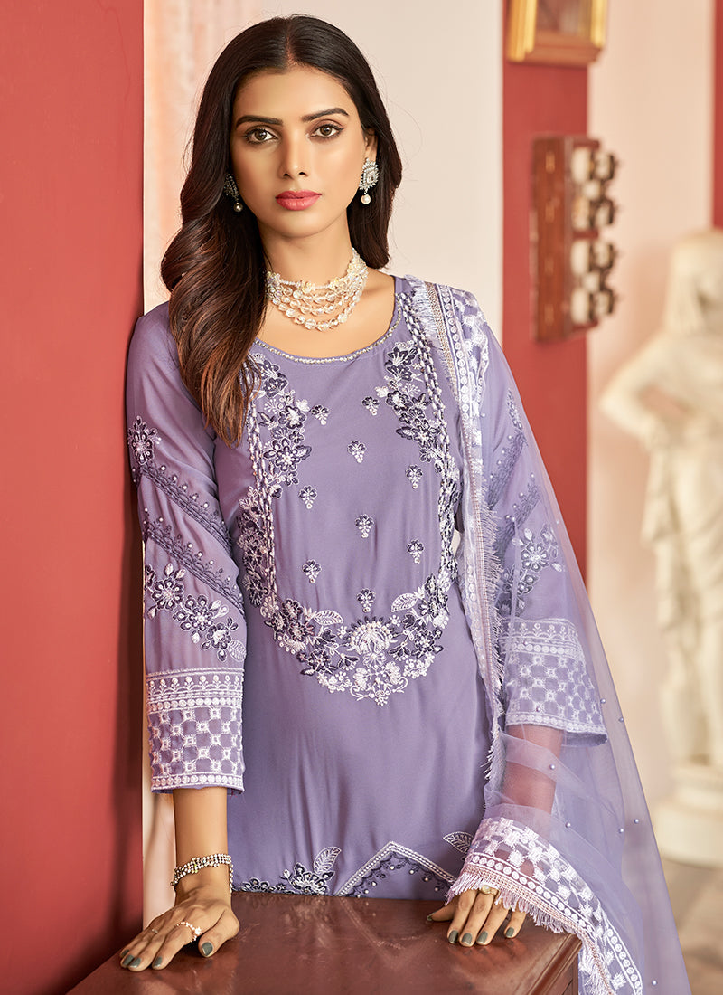 Lavender Embroidery Pakistani Pant Style Suit