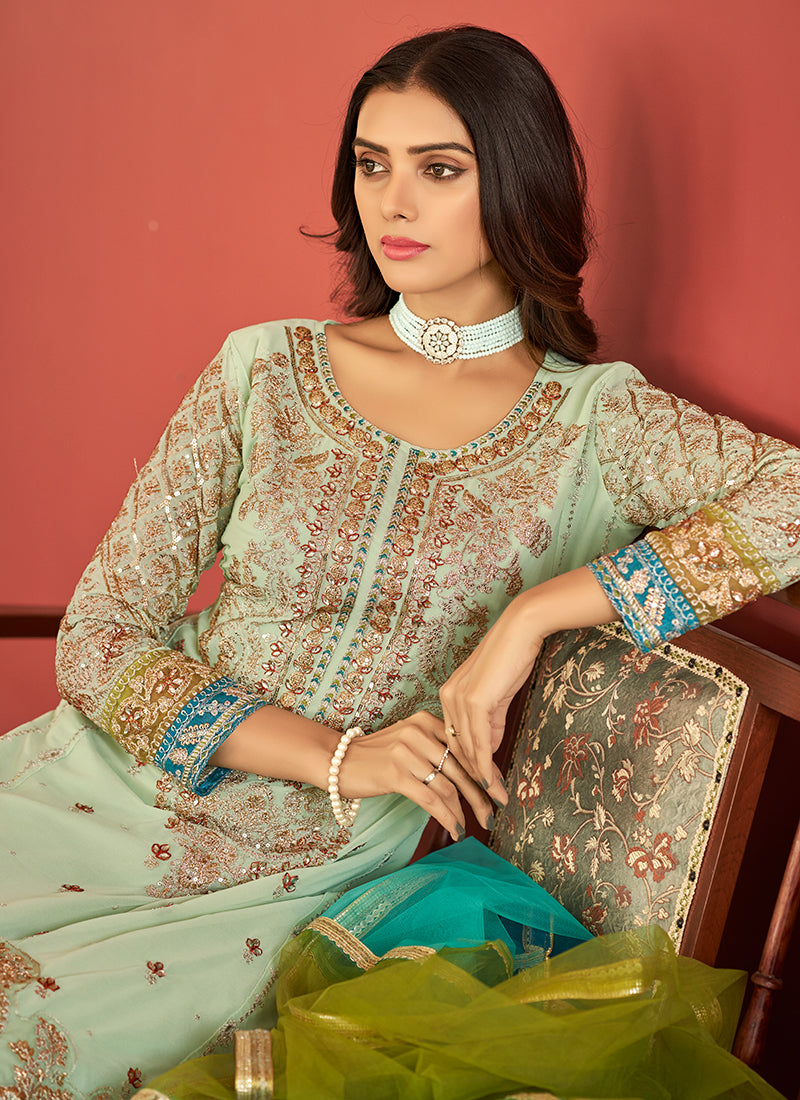 Green Multi Embroidery Pakistani Pant Style Suit