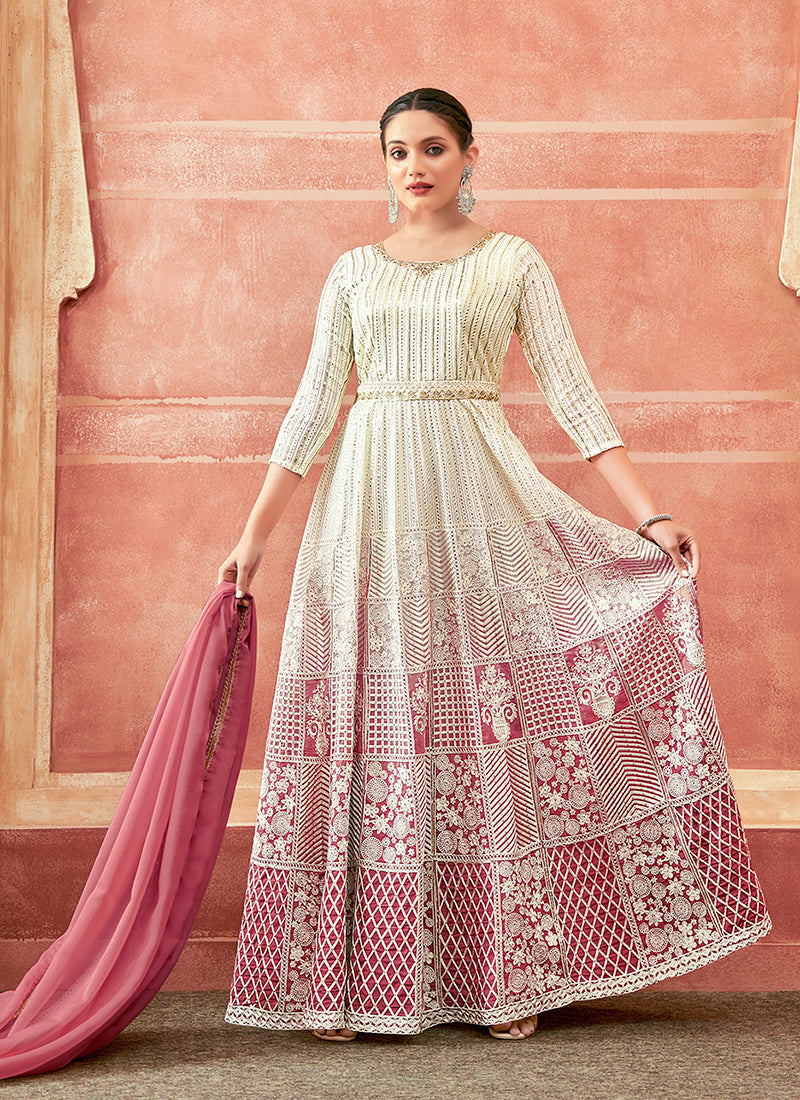 Off White And Pink Designer Embroidery Anarkali Suit