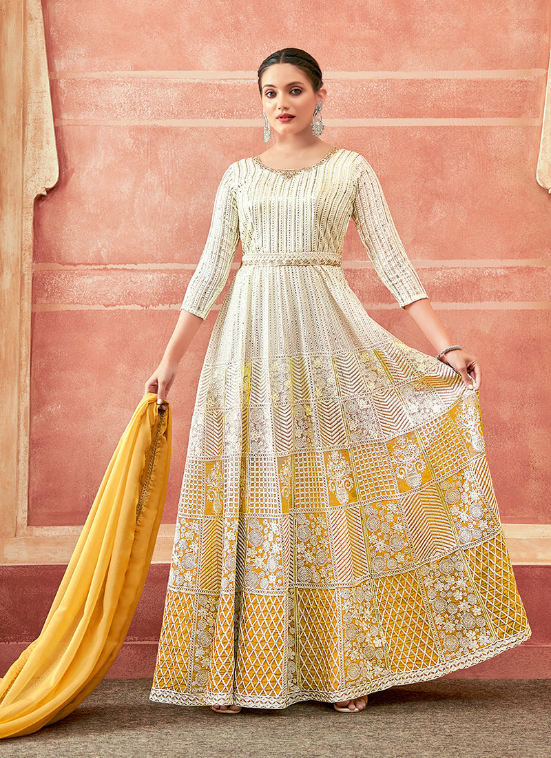 Off White And Yellow Designer Embroidery Anarkali Suit