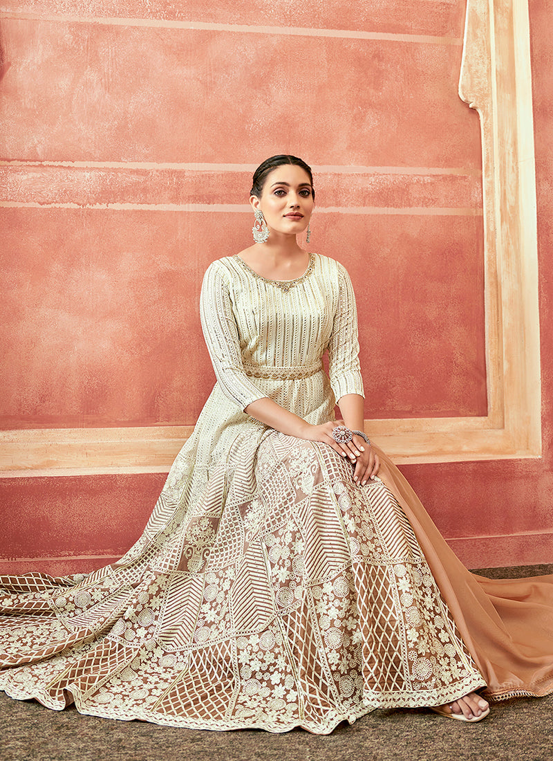 Off White And Peach Designer Embroidery Anarkali Suit