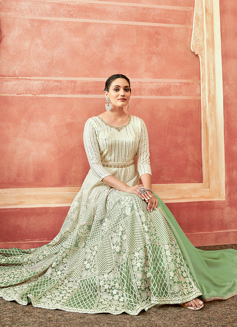 Off White And Green Designer Embroidery Anarkali Suit