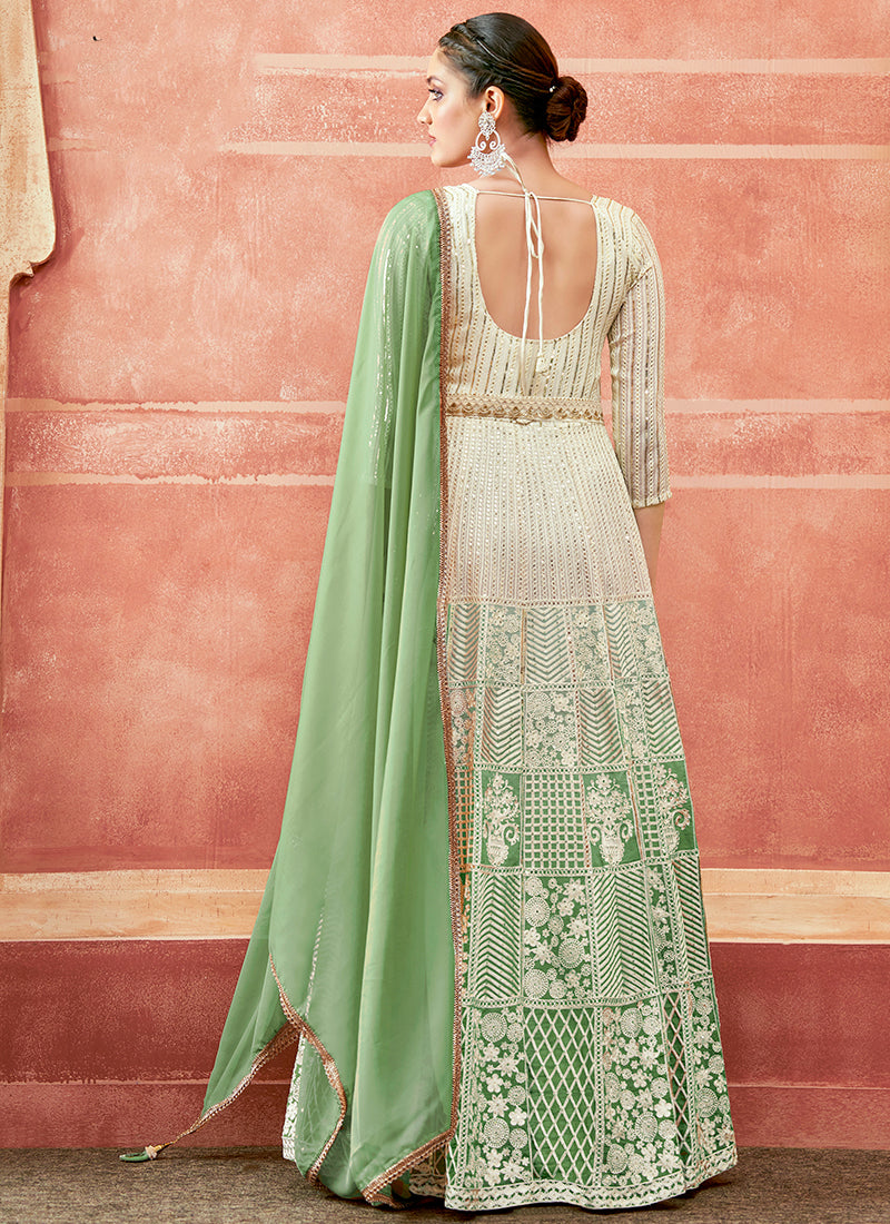 Off White And Green Designer Embroidery Anarkali Suit