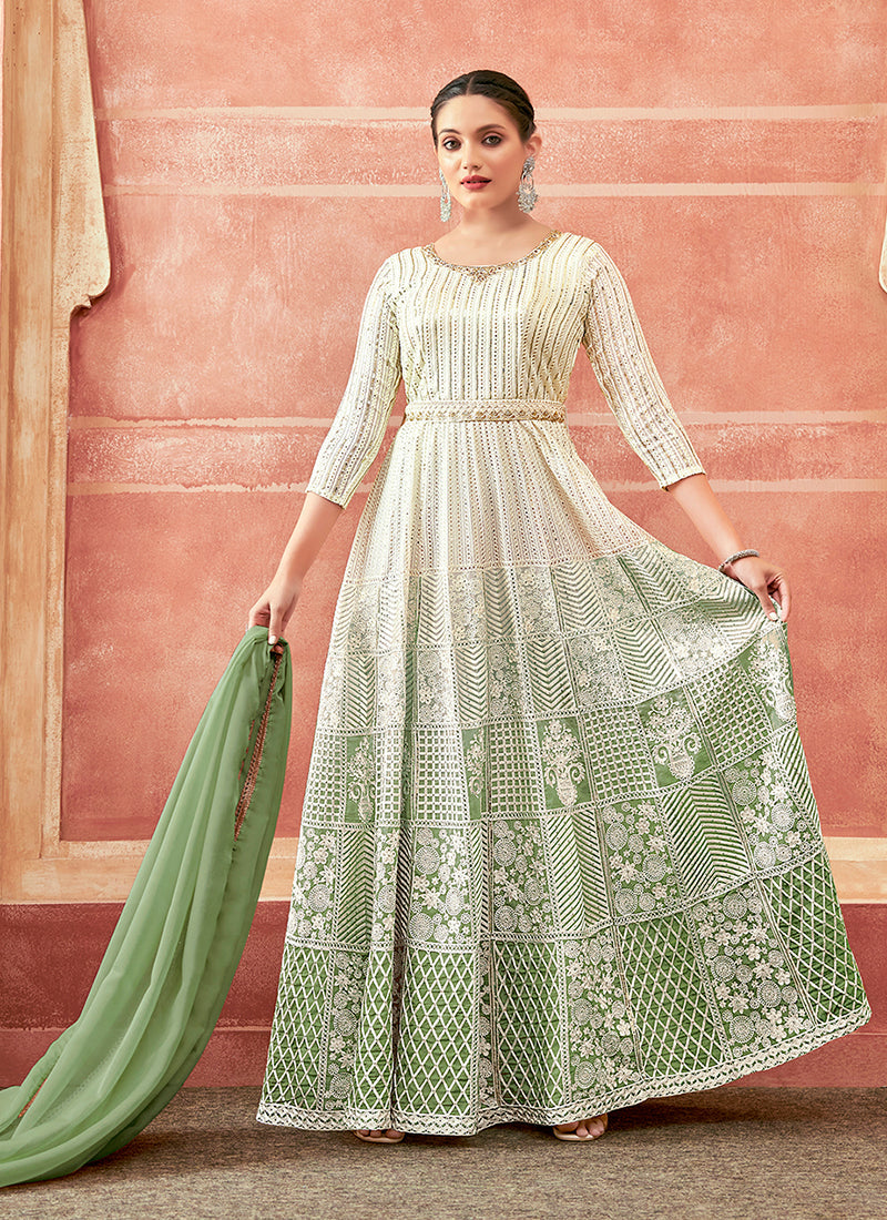 Off White And Green Designer Embroidery Anarkali Suit