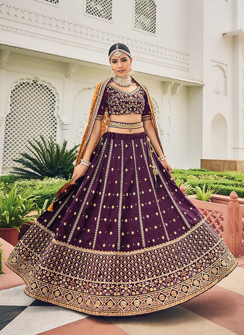 Deep Purple Multi Embroidery Festive Lehenga Choli