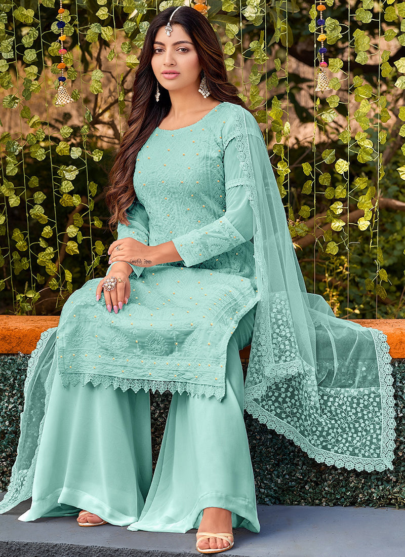 Sky Blue Lucknowi Embroidery Festive Palazzo Suit