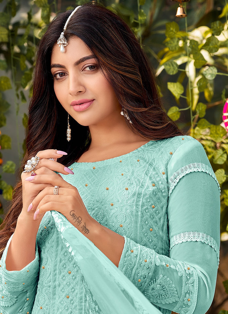 Sky Blue Lucknowi Embroidery Festive Palazzo Suit