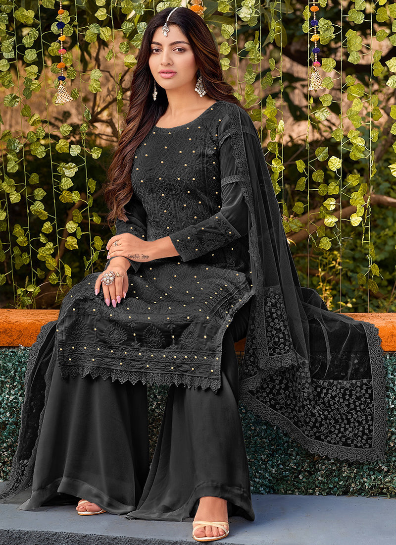 Black Lucknowi Embroidery Festive Palazzo Suit