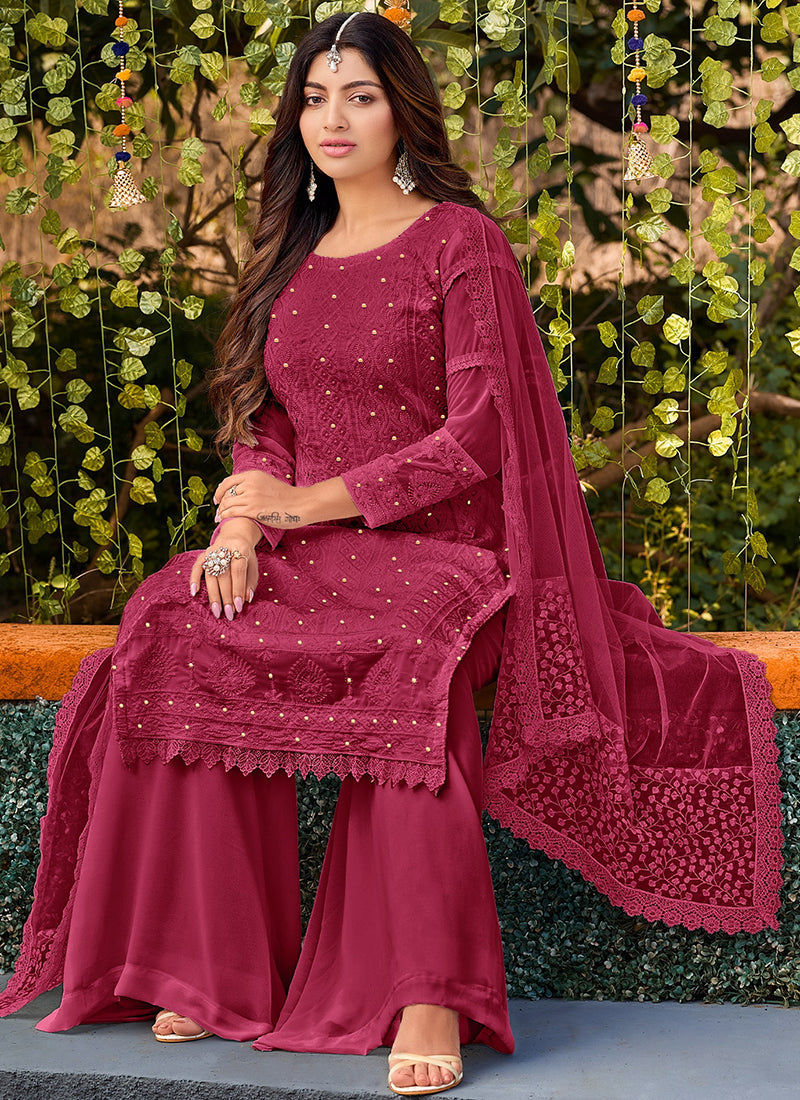 Magenta Lucknowi Embroidery Festive Palazzo Suit