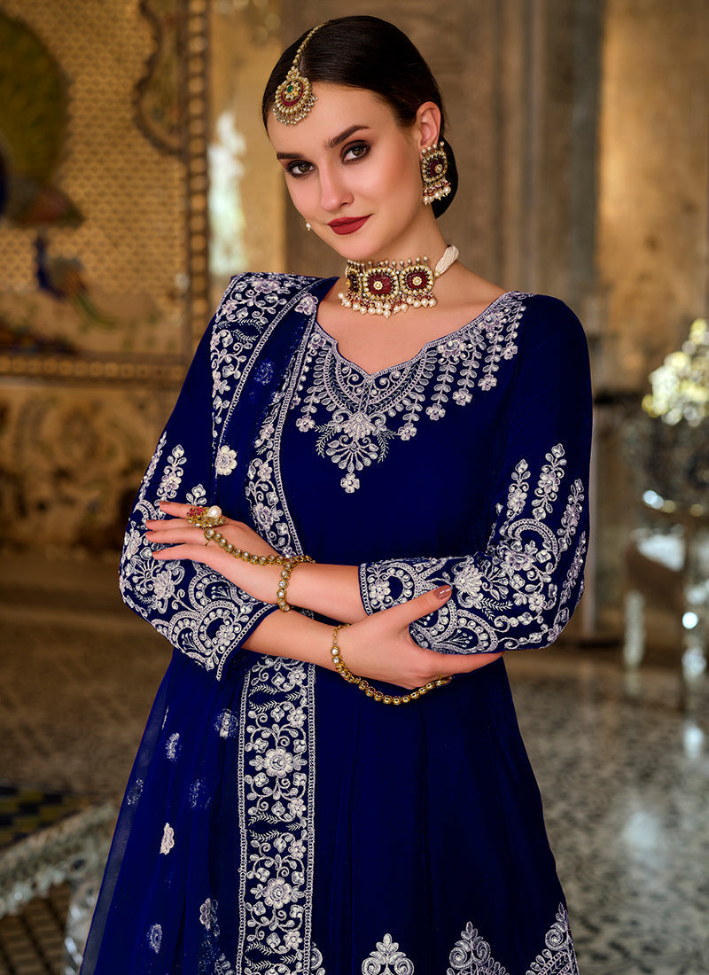 Dark Blue Zari Embroidery Wedding Anarkali Gown