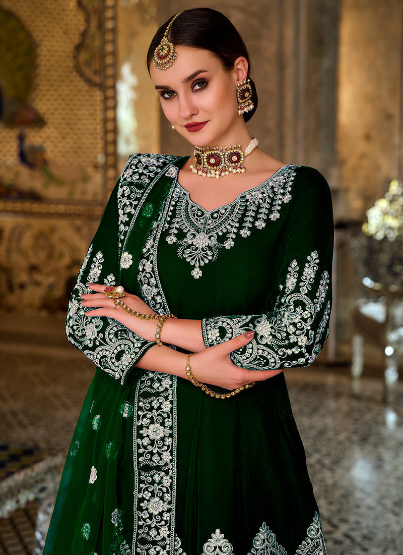 Dark Green Zari Embroidery Wedding Anarkali Gown