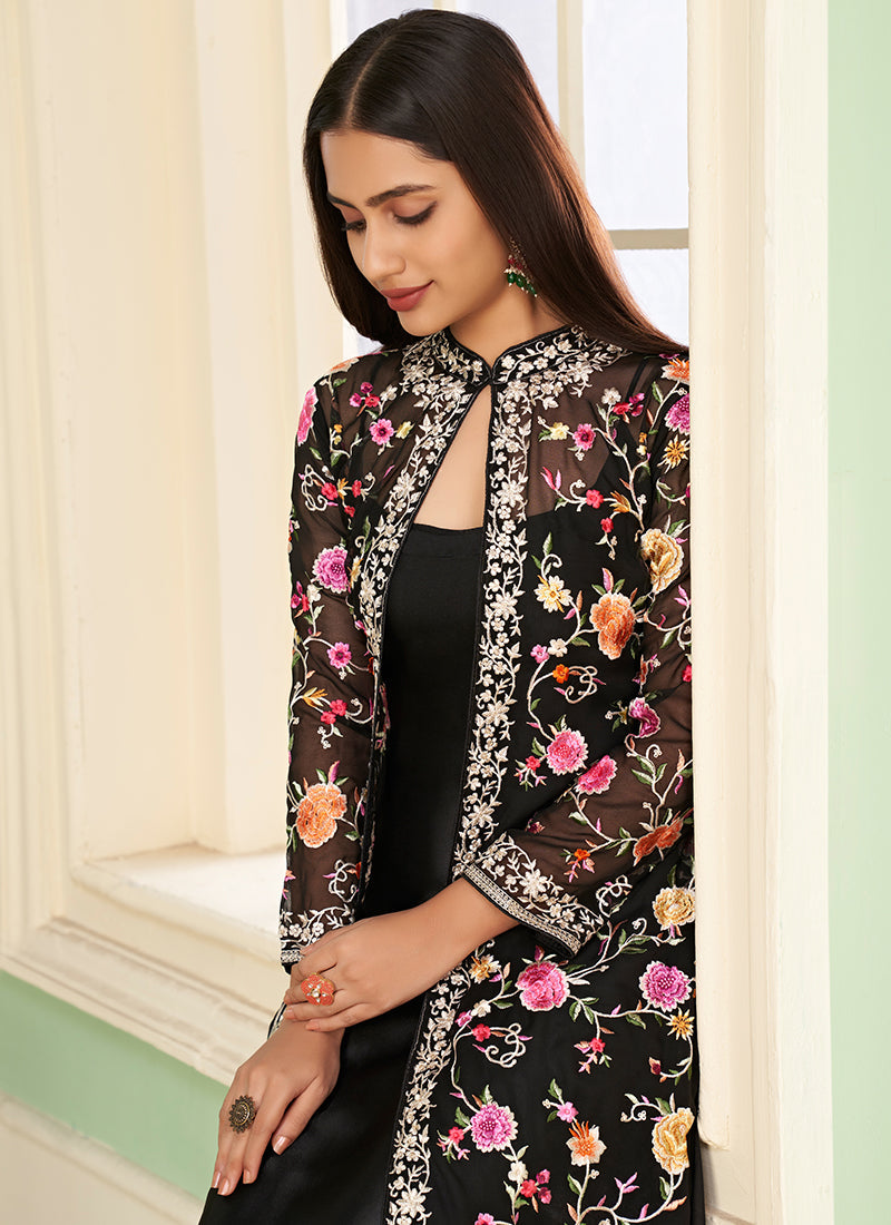 Black Multi Floral Embroidery Jacket Style Pant Suit