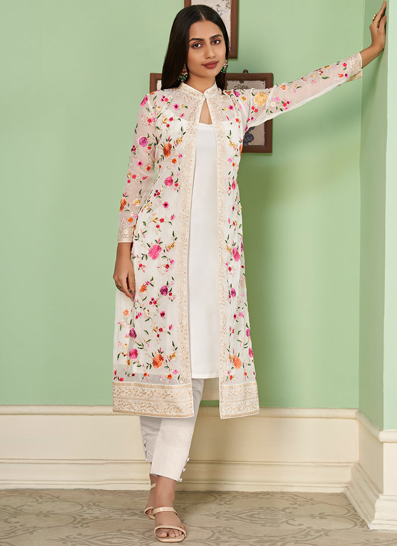 White Multi Floral Embroidery Jacket Style Pant Suit