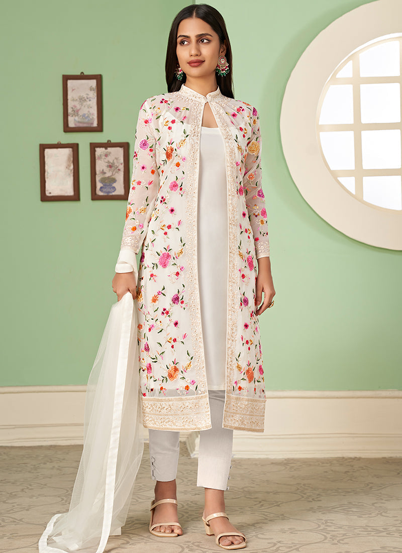 White Multi Floral Embroidery Jacket Style Pant Suit