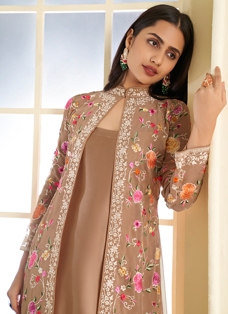 Light Brown Multi Floral Embroidery Jacket Style Pant Suit