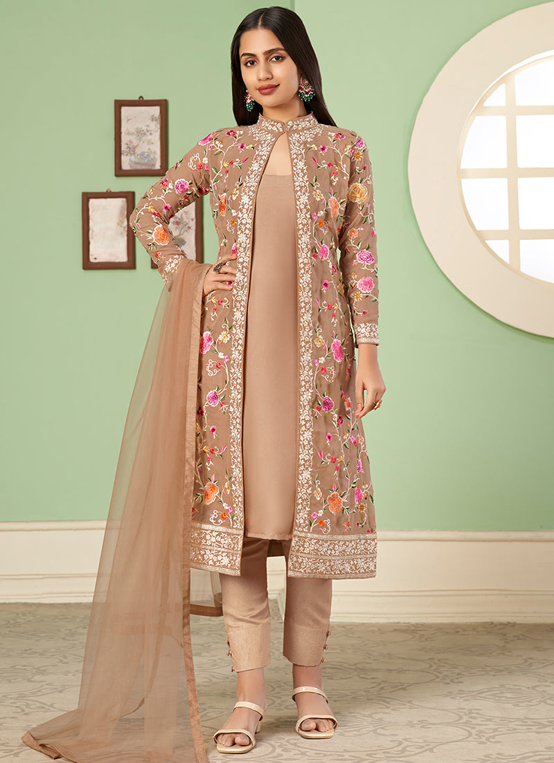 Light Brown Multi Floral Embroidery Jacket Style Pant Suit