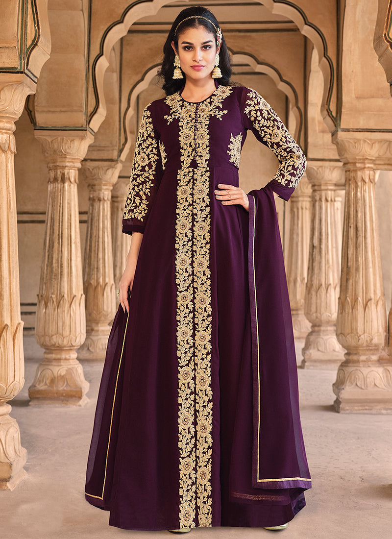 Purple Golden Embroidered Slit Style Anarkali Pant Suit