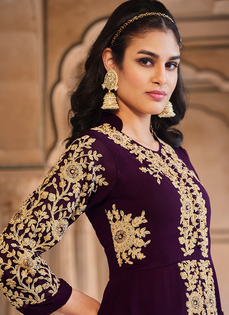 Purple Golden Embroidered Slit Style Anarkali Pant Suit