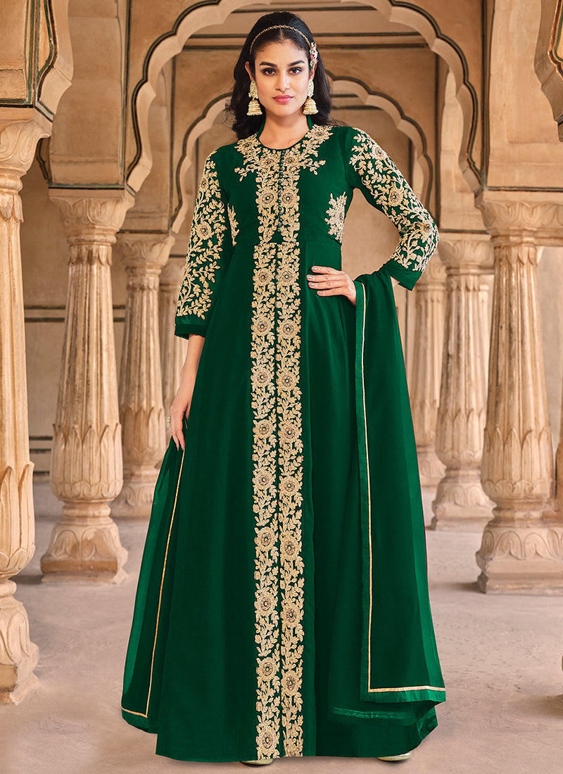 Green Golden Embroidered Slit Style Anarkali Pant Suit