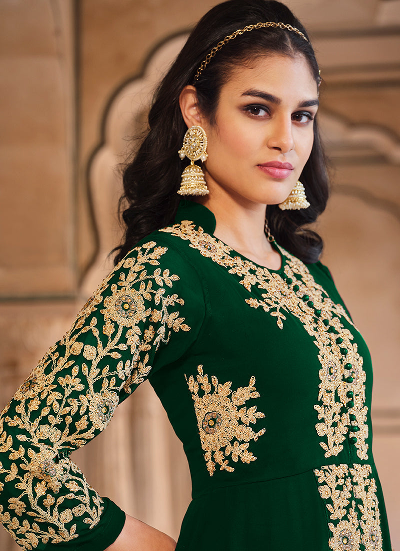 Green Golden Embroidered Slit Style Anarkali Pant Suit