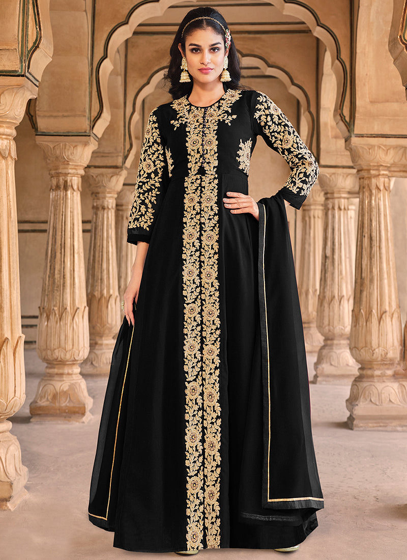 Black Golden Embroidered Slit Style Anarkali Pant Suit