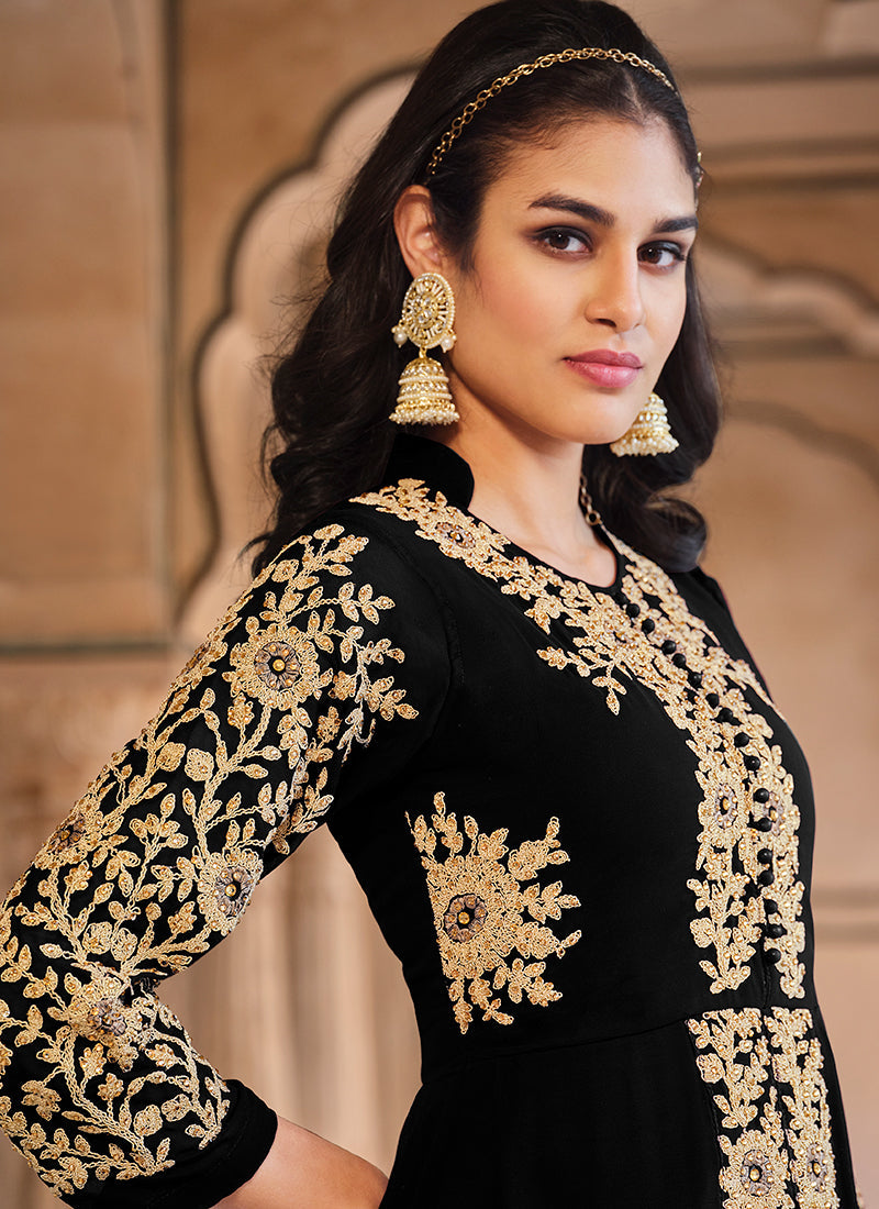 Black Golden Embroidered Slit Style Anarkali Pant Suit