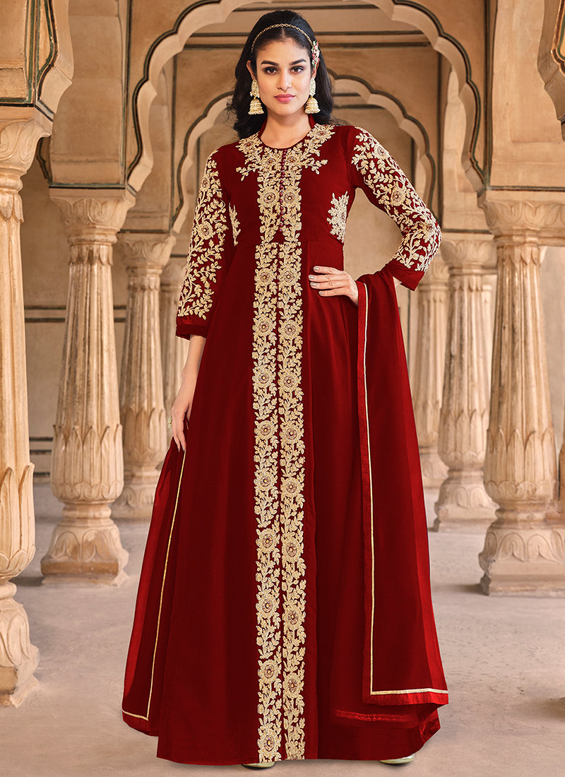 Red Golden Embroidered Slit Style Anarkali Pant Suit