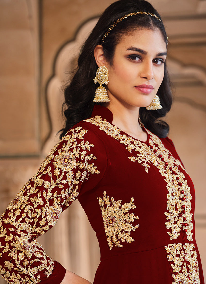 Red Golden Embroidered Slit Style Anarkali Pant Suit