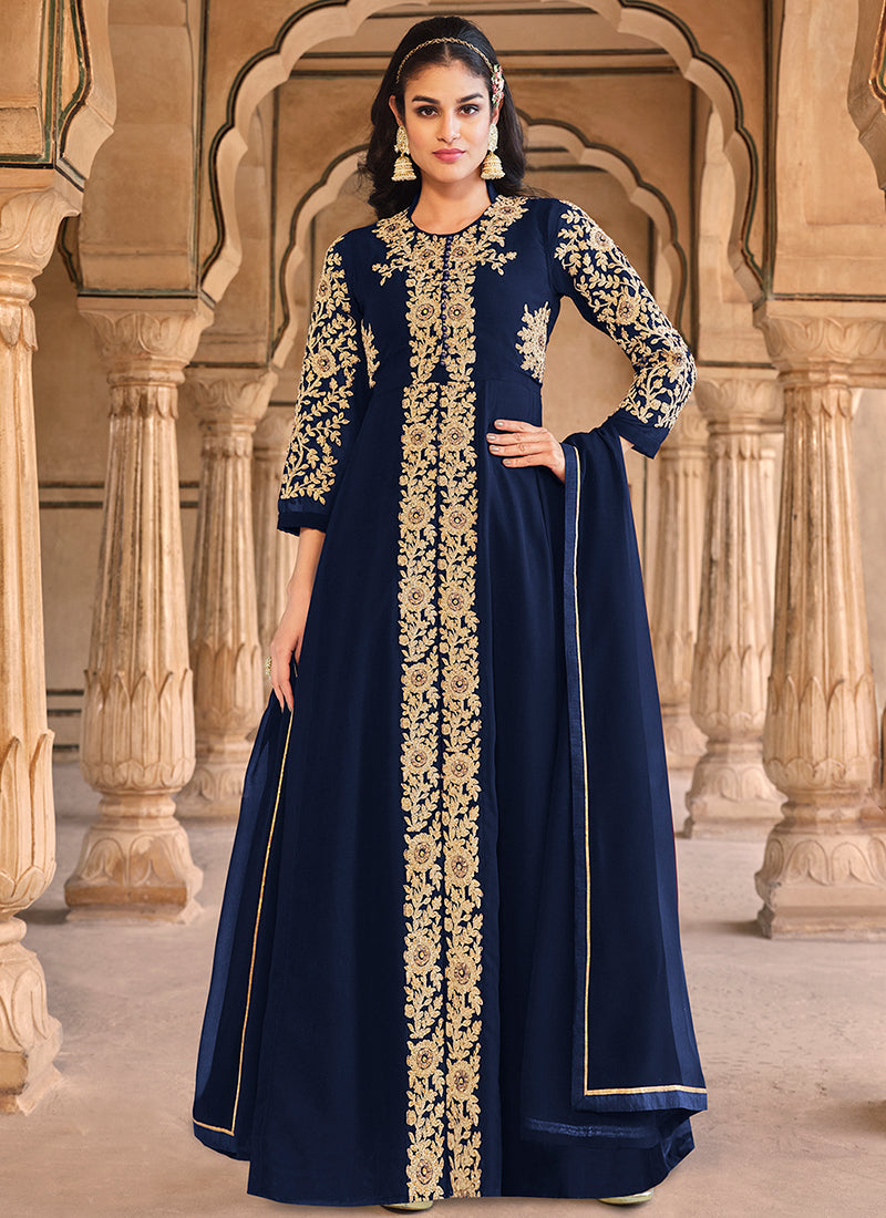 Blue Golden Embroidered Slit Style Anarkali Pant Suit