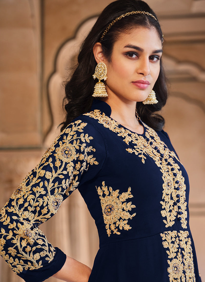 Blue Golden Embroidered Slit Style Anarkali Pant Suit