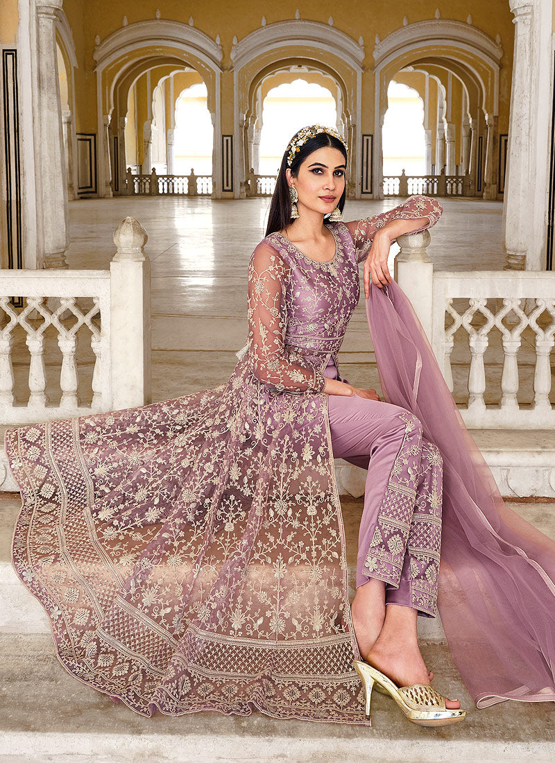 Purple Embroidered Designer Anarkali Lehenga/Pant Suit