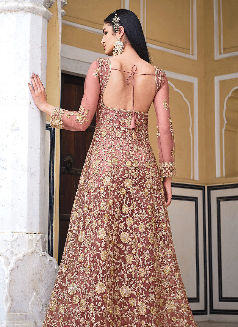 Peach Embroidered Designer Anarkali Lehenga/Pant Suit