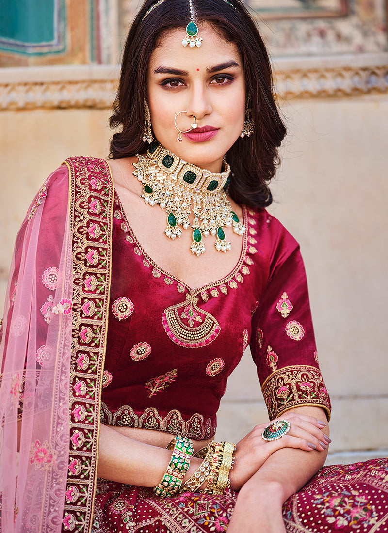 Red And Pink Multi Embroidery Wedding Lehenga Choli