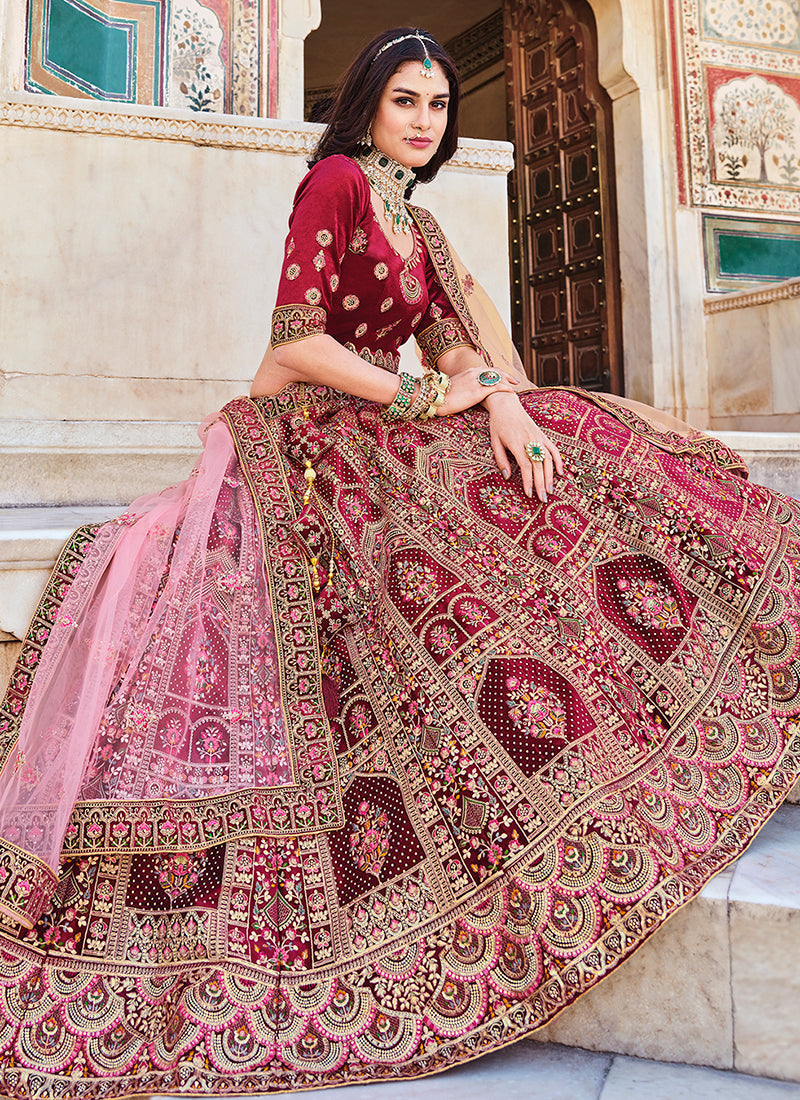 Red And Pink Multi Embroidery Wedding Lehenga Choli