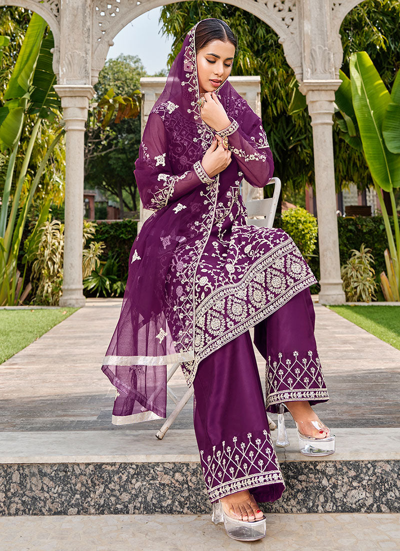 Deep Purple Thread Embroidery Festive Palazzo Suit