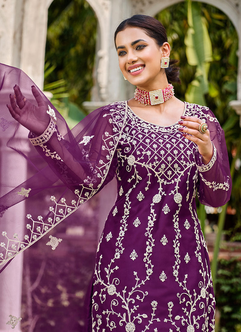 Deep Purple Thread Embroidery Festive Palazzo Suit