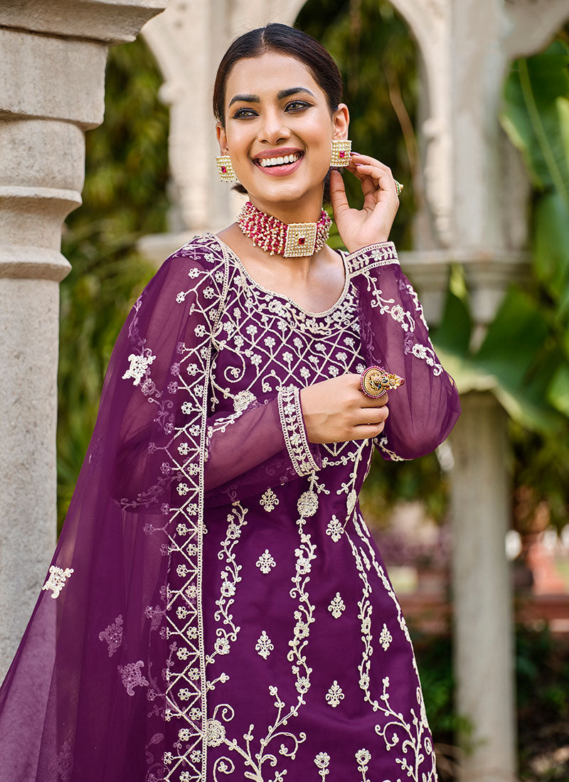 Deep Purple Thread Embroidery Festive Palazzo Suit