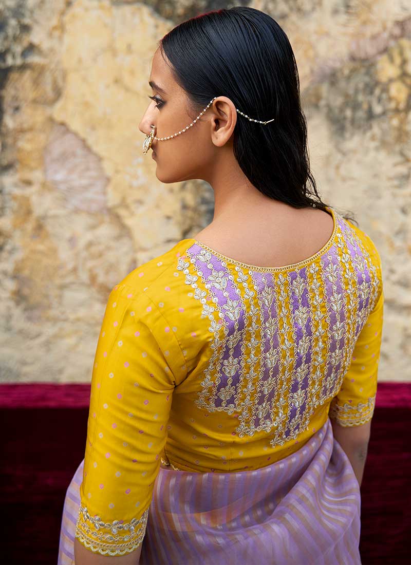 Purple And Yellow Embroidered Organza Silk Saree