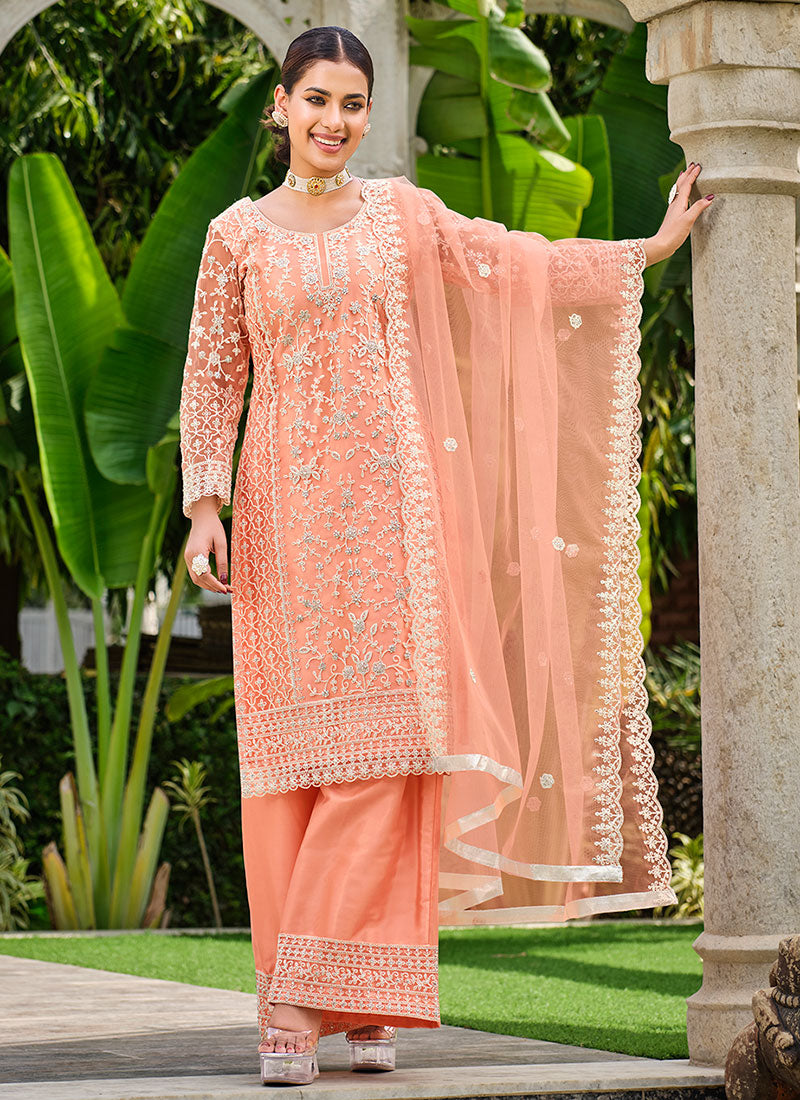 Soft Peach Thread Embroidery Festive Palazzo Suit