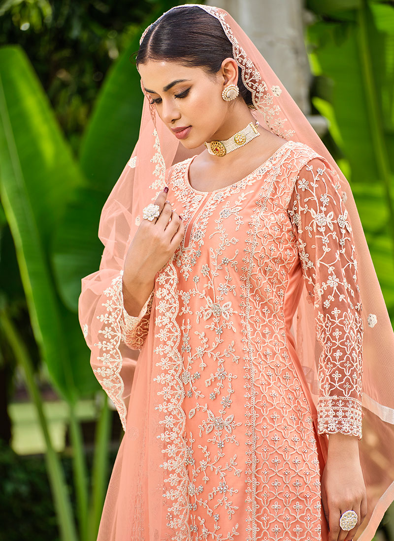 Soft Peach Thread Embroidery Festive Palazzo Suit