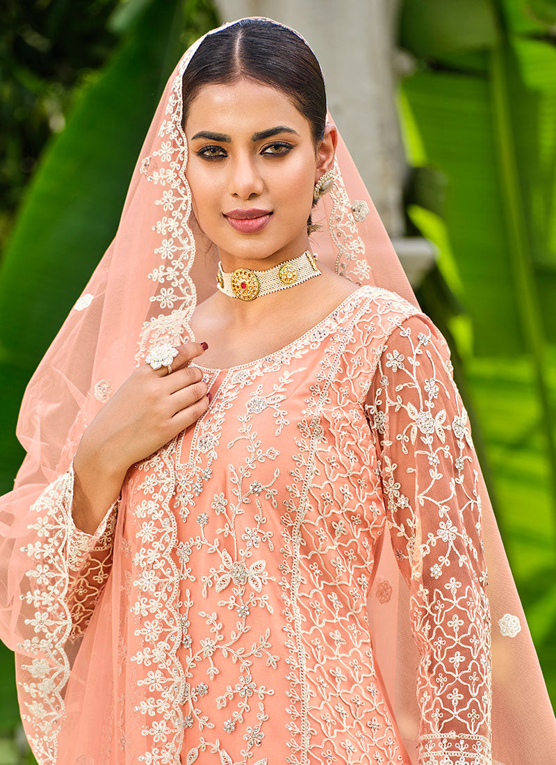 Soft Peach Thread Embroidery Festive Palazzo Suit