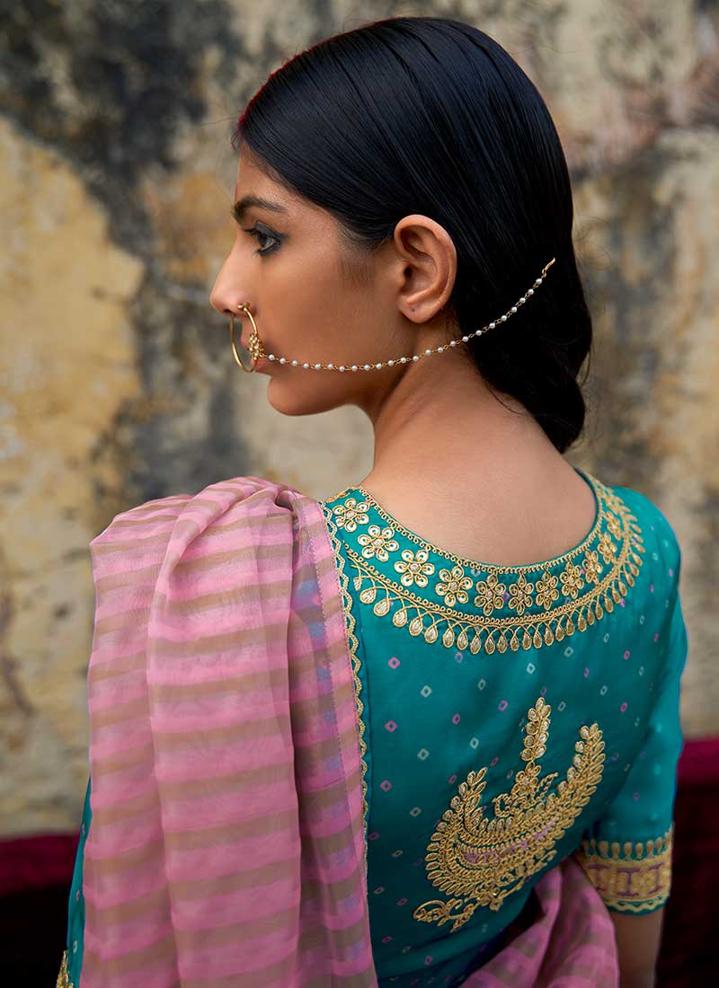 Pink And Turquoise Embroidered Organza Silk Saree