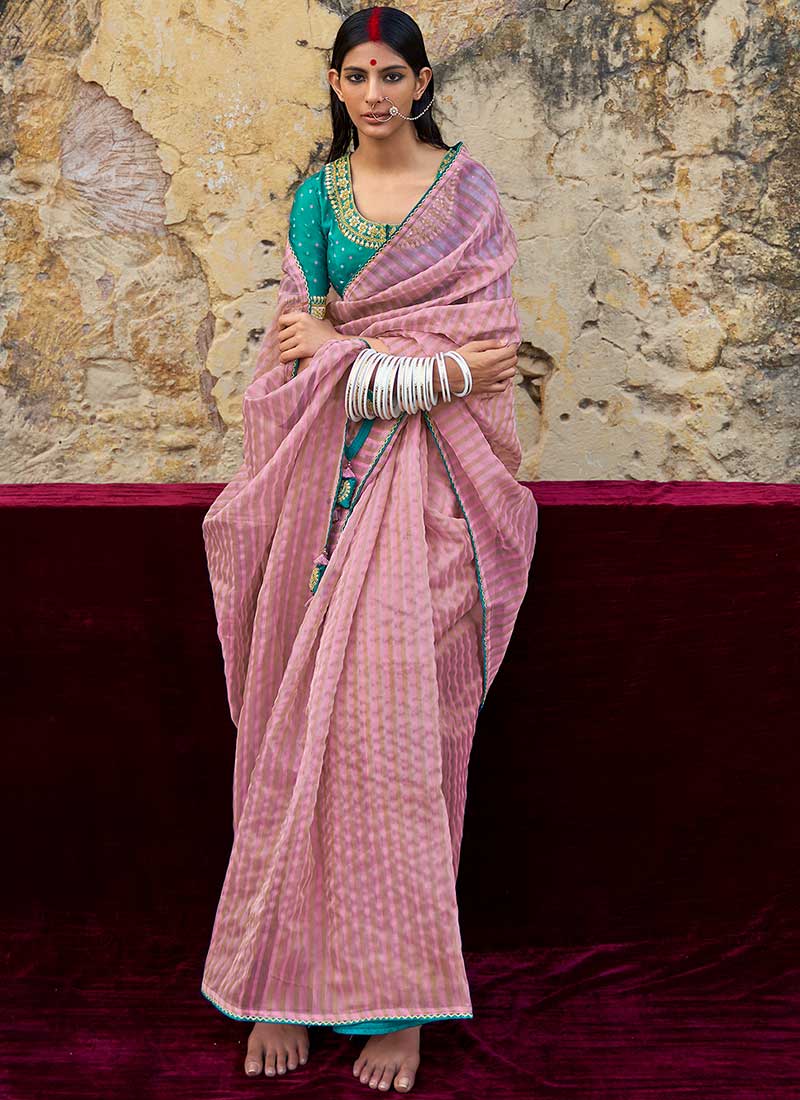 Pink And Turquoise Embroidered Organza Silk Saree