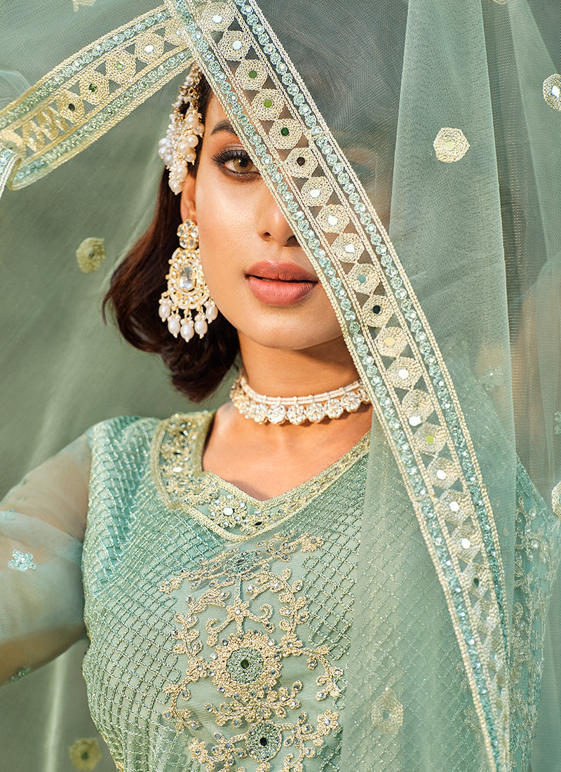 Teal Blue Embroidery Wedding Anarkali Suit