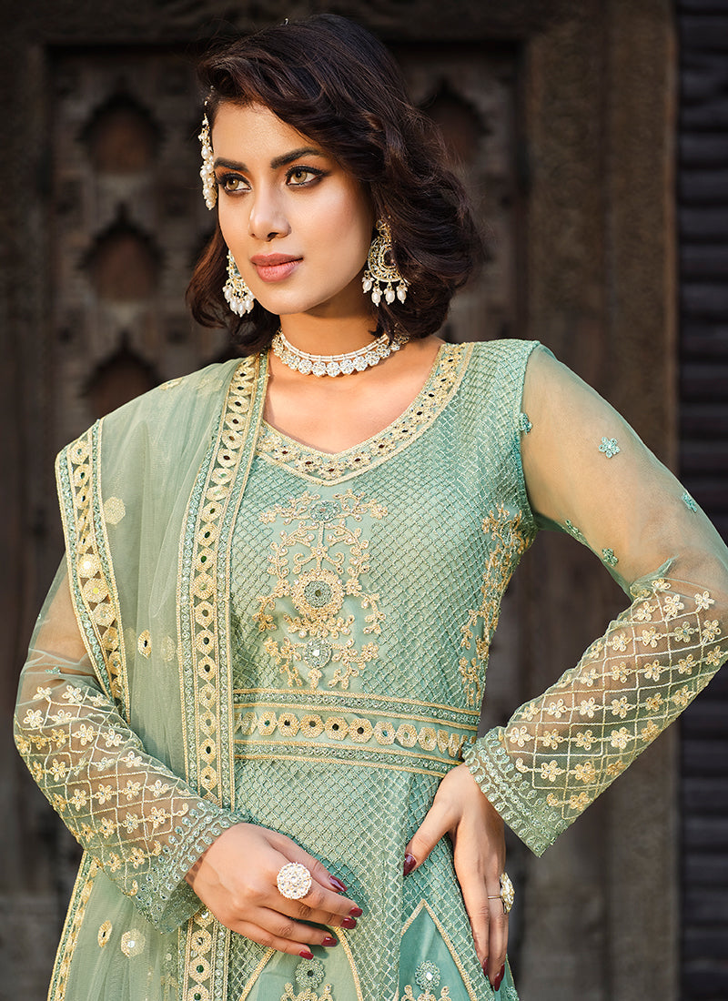 Teal Blue Embroidery Wedding Anarkali Suit