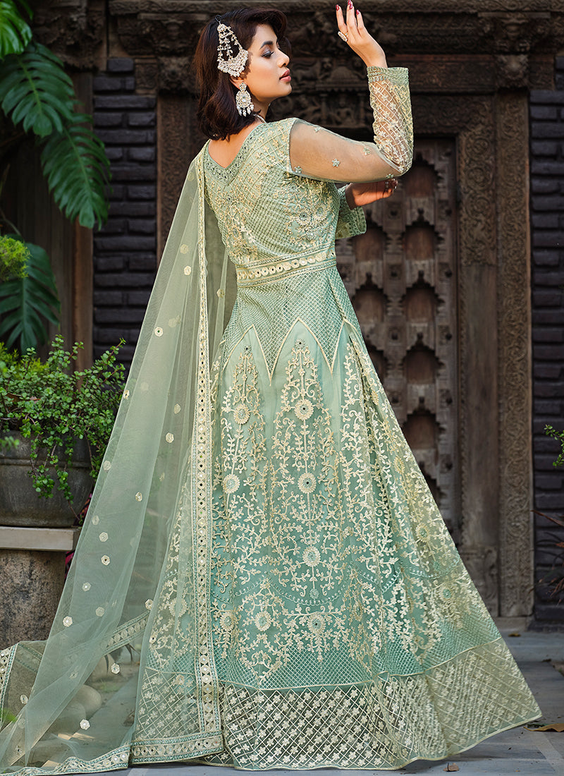 Teal Blue Embroidery Wedding Anarkali Suit