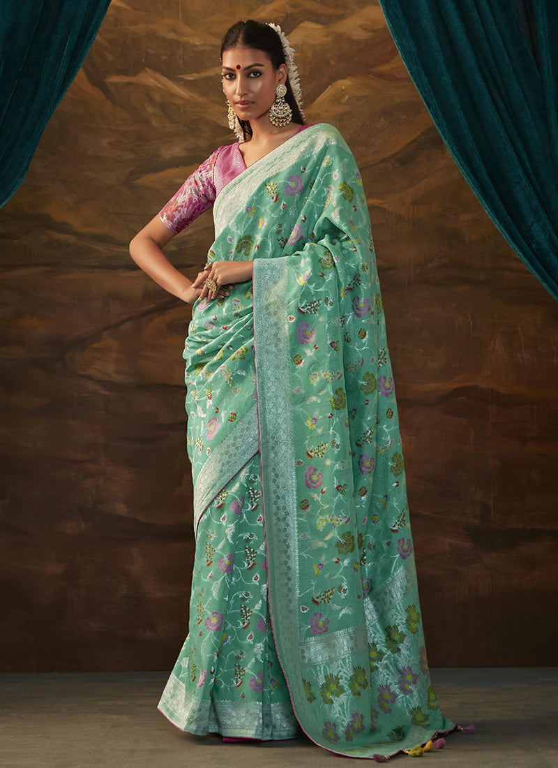 Sea Green Floral Paithani Banarasi Dola Silk Saree